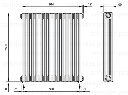 Схема (чертеж) Радиатор Zehnder Charleston 3280/14 №3570 Белый глянцевый RAL 9016